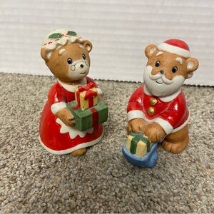 Vintage Christmas Bear Figurines in Red and Green Mrs. And Santa Claus. Set of 2
